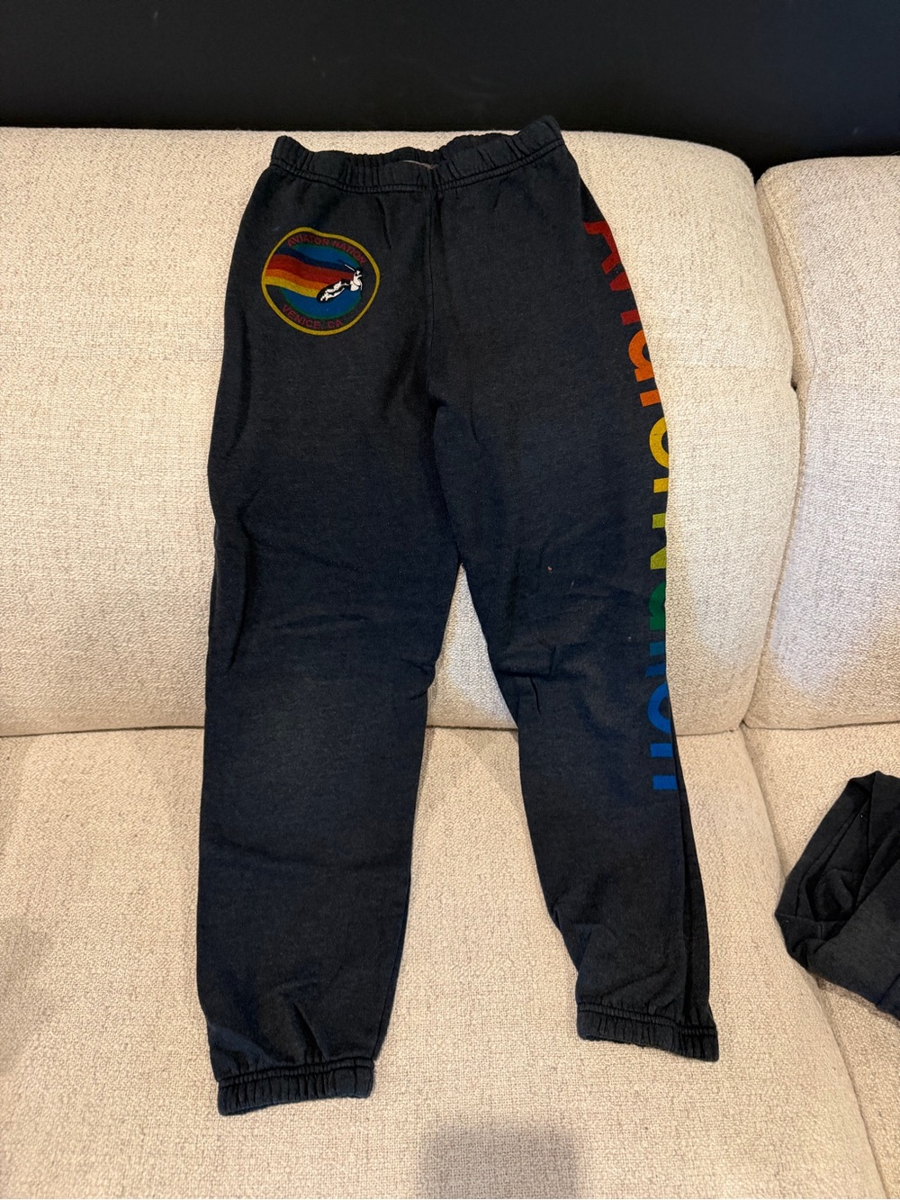Aviator Nation Black Kids Sweatpants with Rainbow Surf Logo size 12